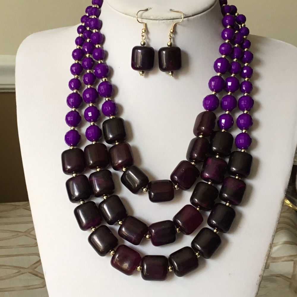 Three layers purple lucite bead necklace earring